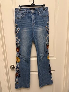 Ashley Mason Blue Denim Flare Jeans with Floral Embroidery